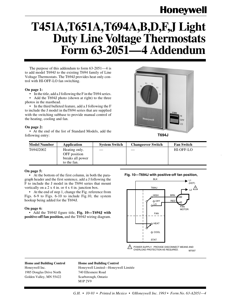 Honeywell T451A User Manual | 1 page