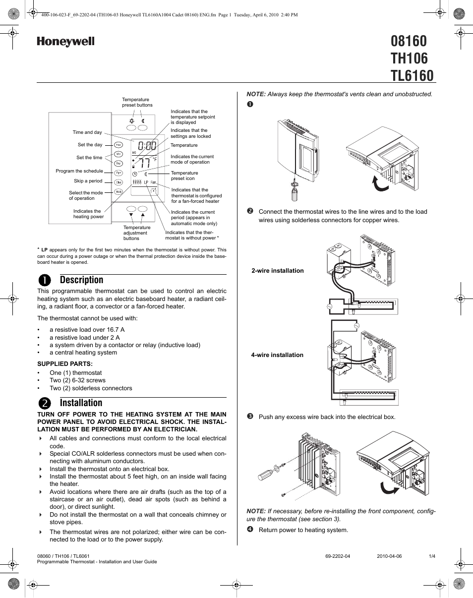 Honeywell PROGRAMMABLE THERMOSTAT 8160 User Manual | 4 pages