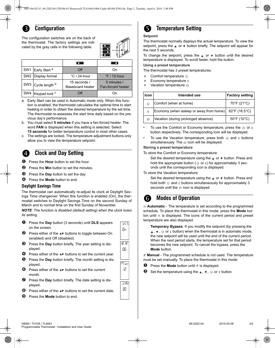 Configuration, Clock and day setting, Temperature setting | Modes of operation | Honeywell PROGRAMMABLE THERMOSTAT 8160 User Manual | Page 2 / 4