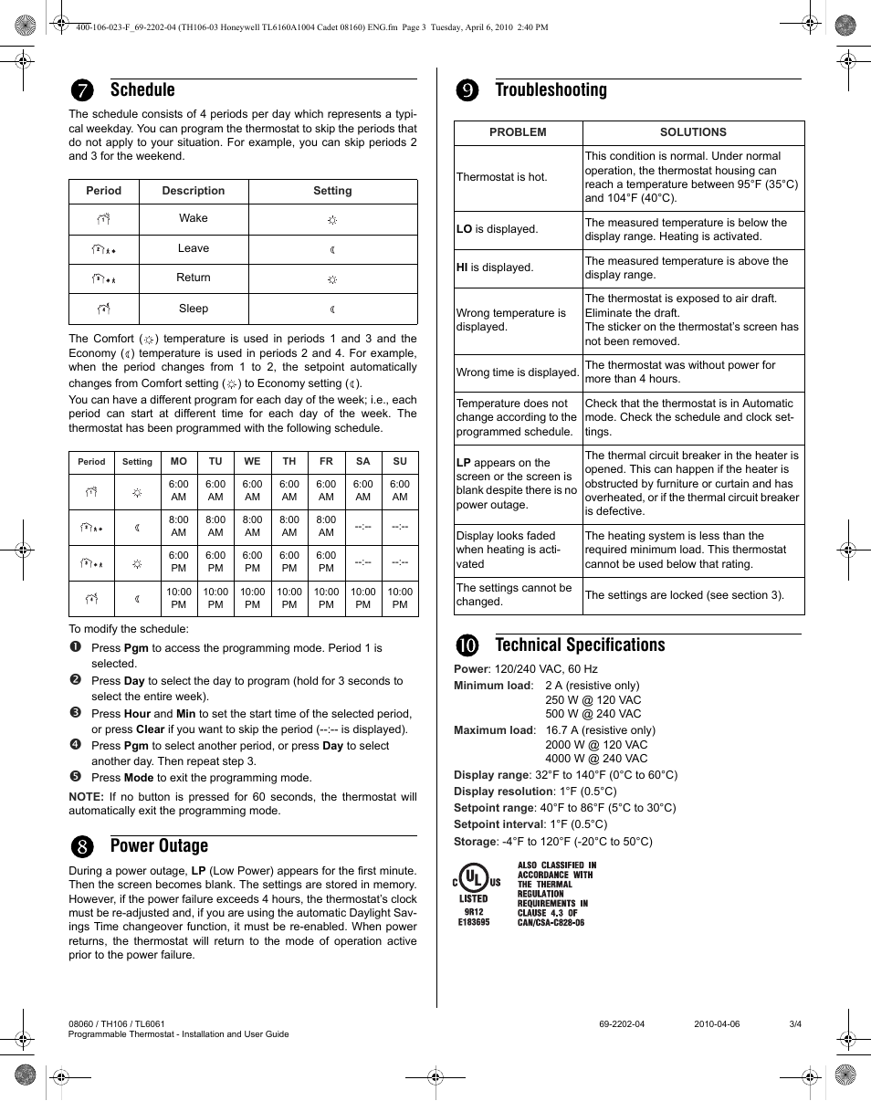 Schedule, Power outage, Troubleshooting | Technical specifications | Honeywell PROGRAMMABLE THERMOSTAT 8160 User Manual | Page 3 / 4