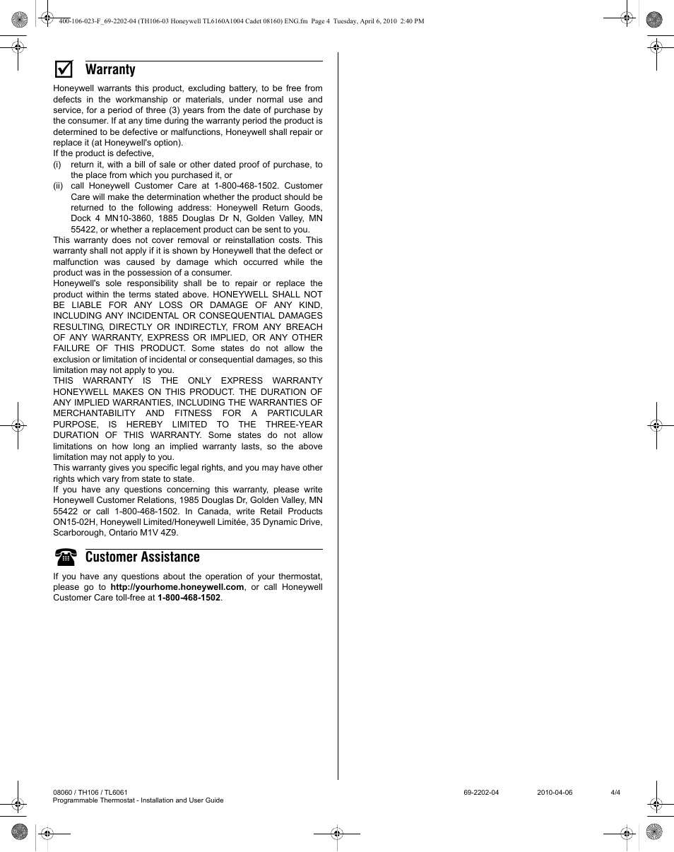 Warranty, Customer assistance | Honeywell PROGRAMMABLE THERMOSTAT 8160 User Manual | Page 4 / 4