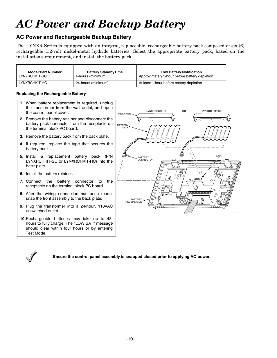 Ac power and backup battery, Ac power and rechargeable backup battery | Honeywell ADEMCO LYNXR-EN User Manual | Page 10 / 72