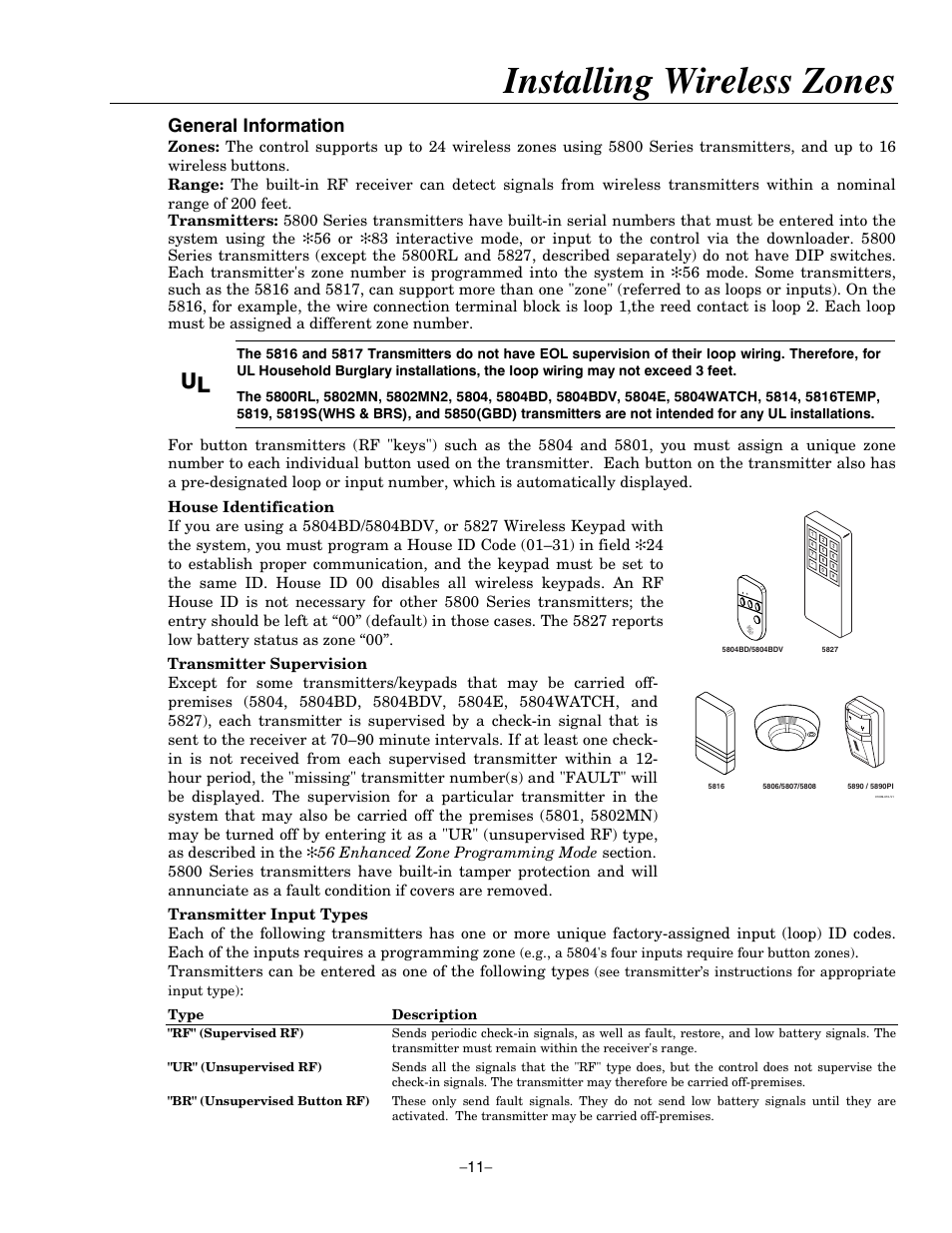 Installing wireless zones, General information, Type description | Honeywell ADEMCO LYNXR-EN User Manual | Page 11 / 72