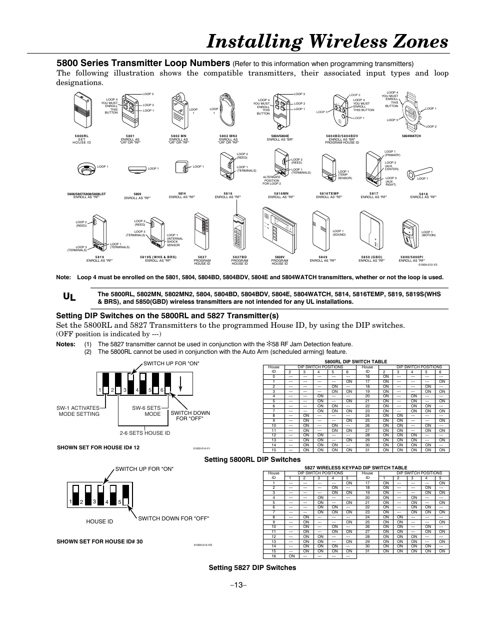 Installing wireless zones, 5800 series transmitter loop numbers, Off position is indicated by ---) | Setting 5800rl dip switches, Setting 5827 dip switches | Honeywell ADEMCO LYNXR-EN User Manual | Page 13 / 72