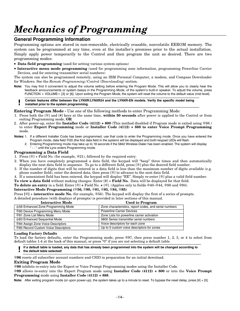 Mechanics of programming, General programming information | Honeywell ADEMCO LYNXR-EN User Manual | Page 14 / 72