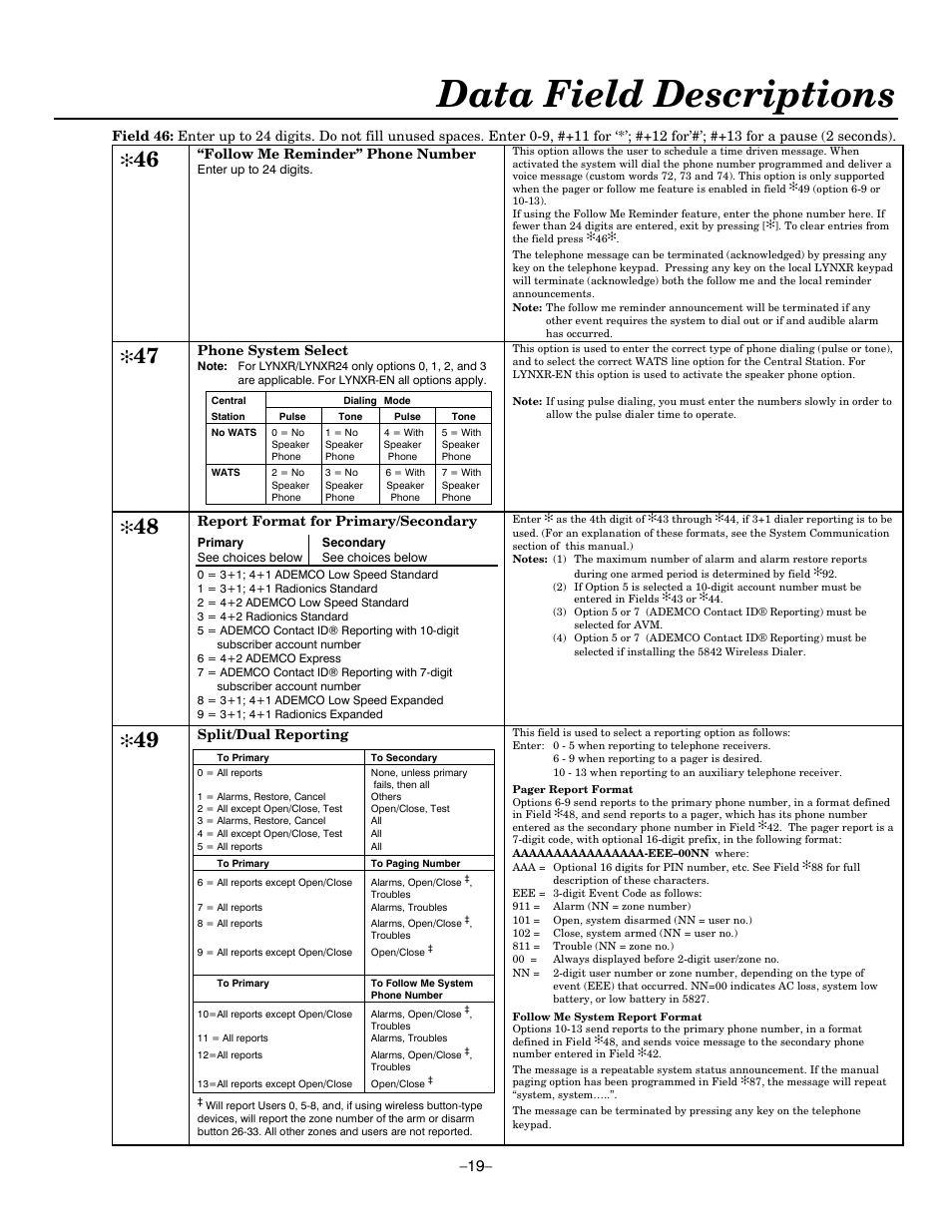 Data field descriptions, Follow me reminder” phone number, Phone system select | Report format for primary/secondary, Split/dual reporting | Honeywell ADEMCO LYNXR-EN User Manual | Page 19 / 72