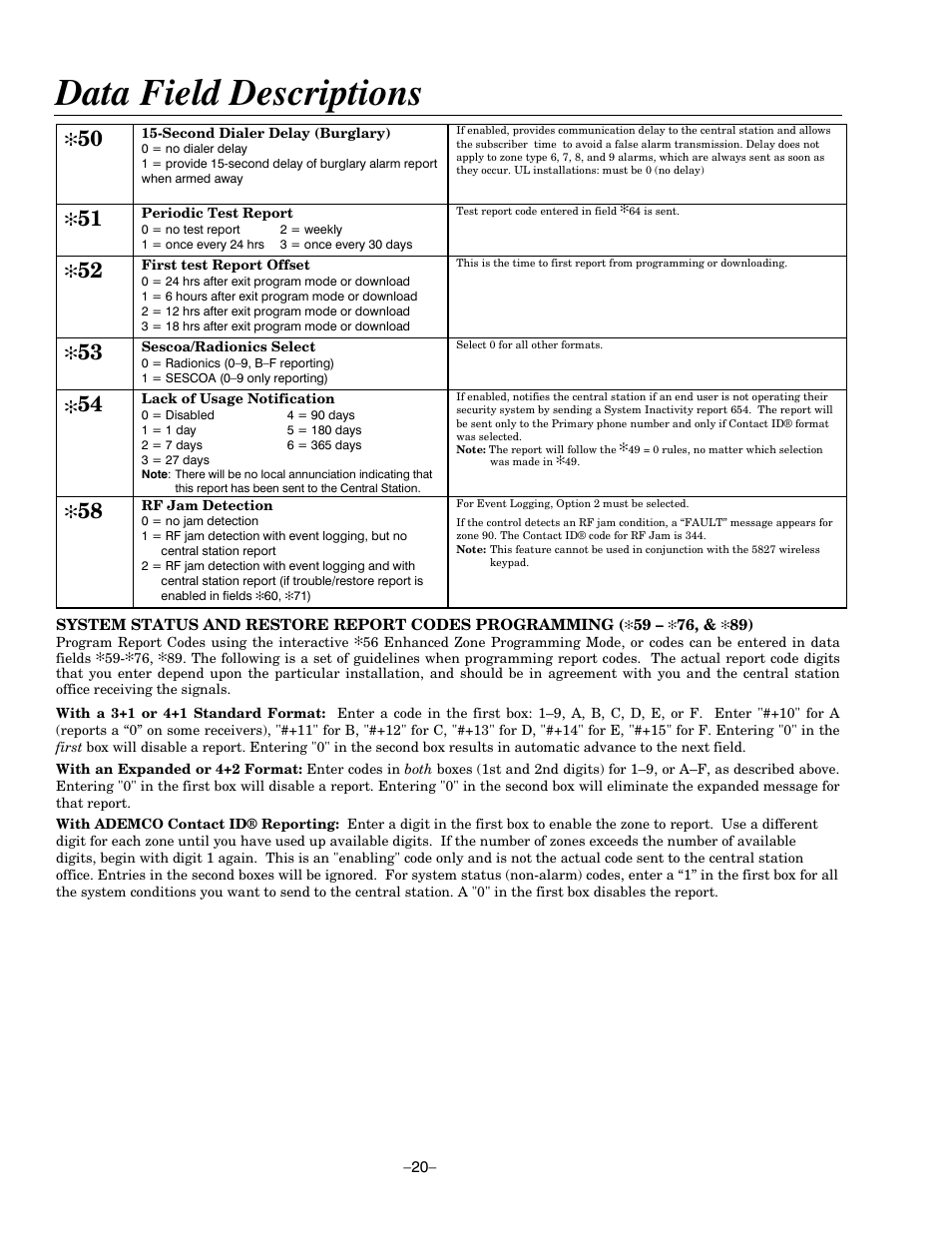 Data field descriptions | Honeywell ADEMCO LYNXR-EN User Manual | Page 20 / 72