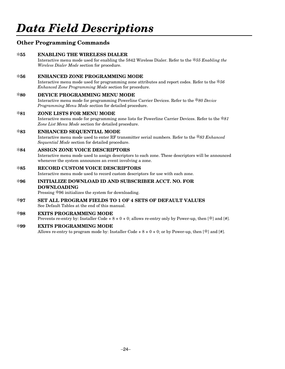 Data field descriptions, Other programming commands | Honeywell ADEMCO LYNXR-EN User Manual | Page 24 / 72