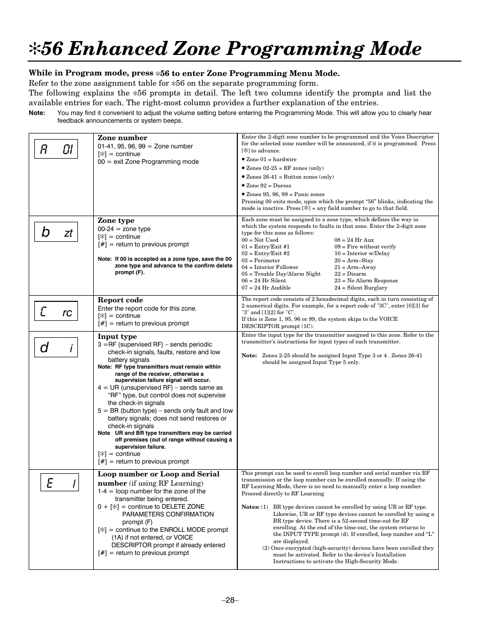 56 enhanced zone programming mode, A 0i | Honeywell ADEMCO LYNXR-EN User Manual | Page 28 / 72