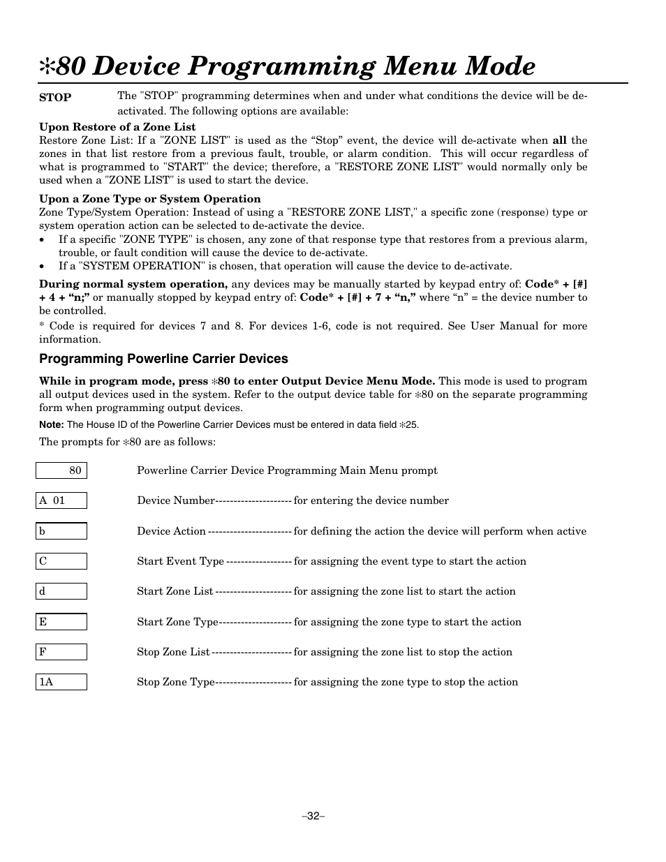 80 device programming menu mode, Programming powerline carrier devices | Honeywell ADEMCO LYNXR-EN User Manual | Page 32 / 72