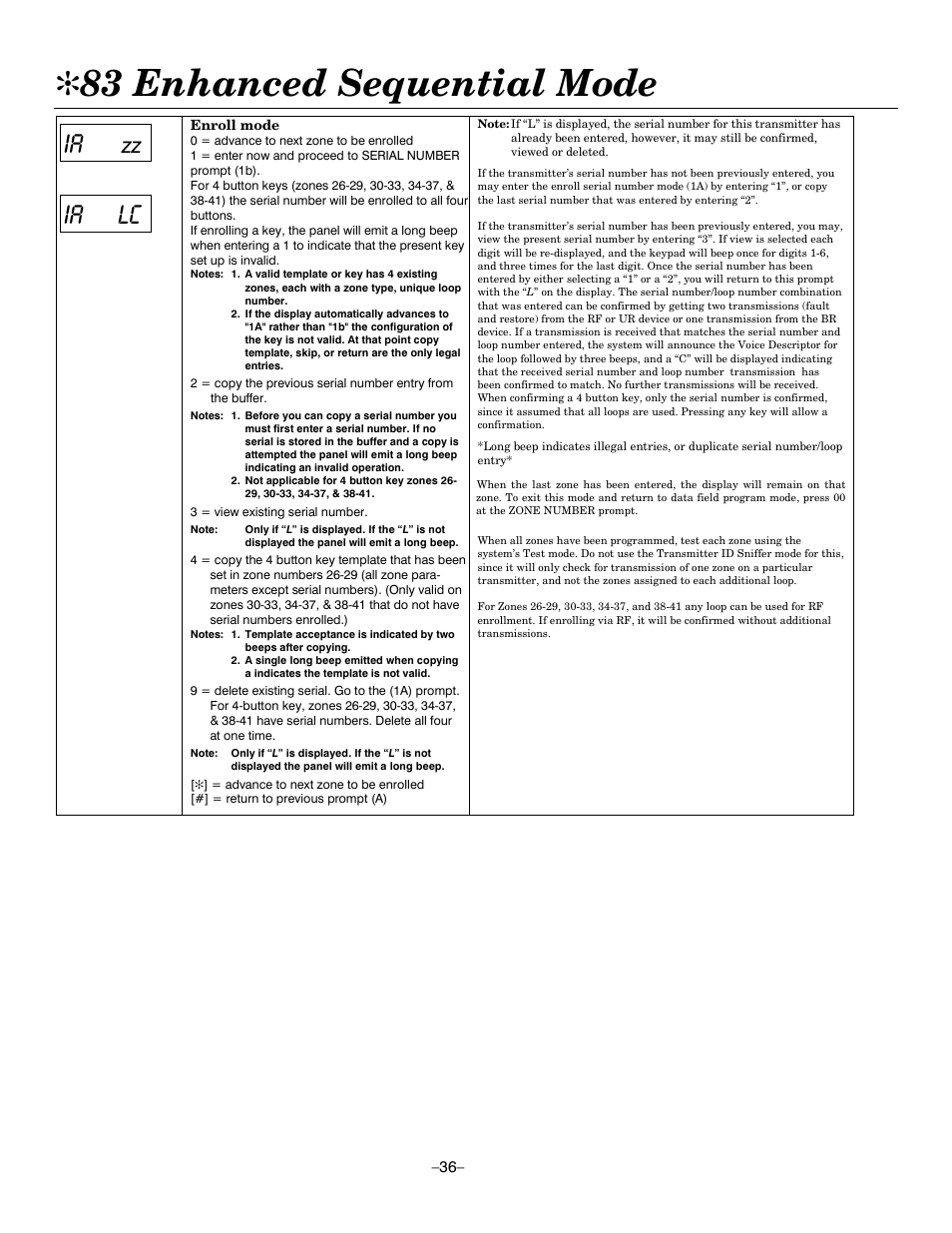 83 enhanced sequential mode, Ia lc | Honeywell ADEMCO LYNXR-EN User Manual | Page 36 / 72