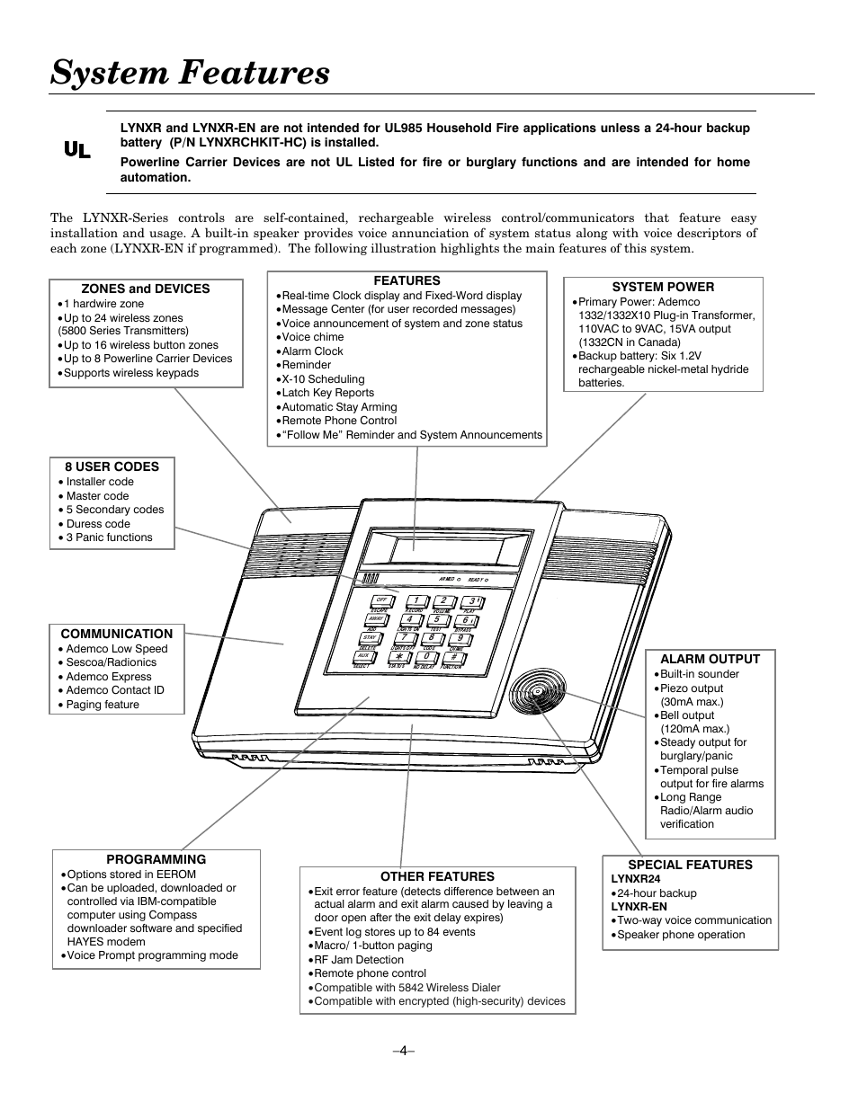 System features | Honeywell ADEMCO LYNXR-EN User Manual | Page 4 / 72