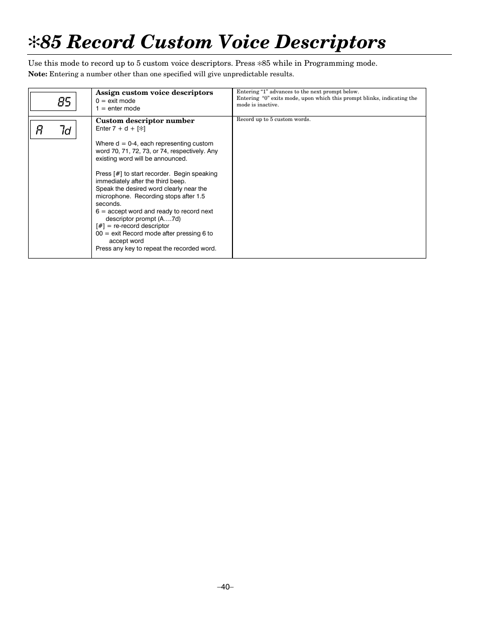 85 record custom voice descriptors | Honeywell ADEMCO LYNXR-EN User Manual | Page 40 / 72