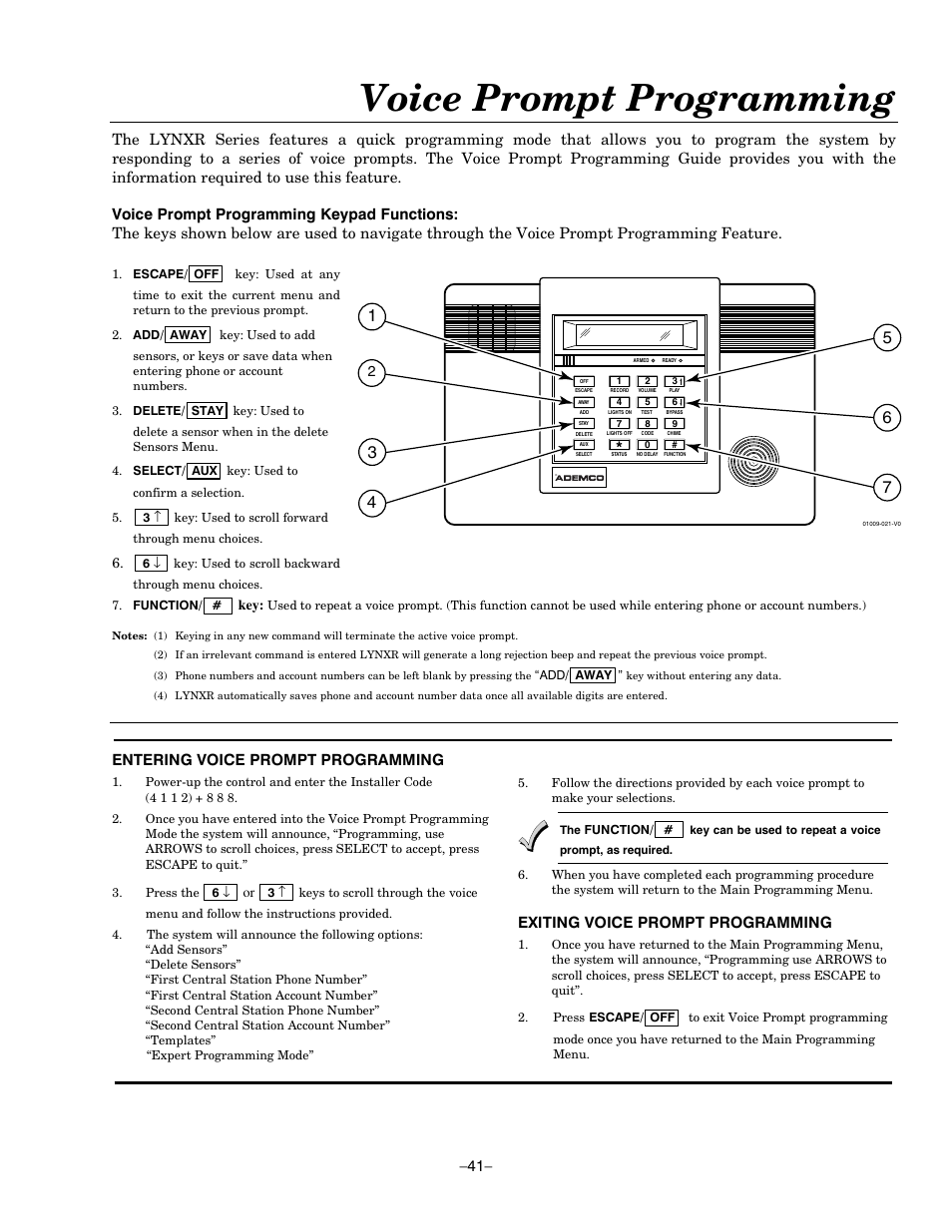 Voice prompt programming, Entering voice prompt programming, Exiting voice prompt programming | Honeywell ADEMCO LYNXR-EN User Manual | Page 41 / 72