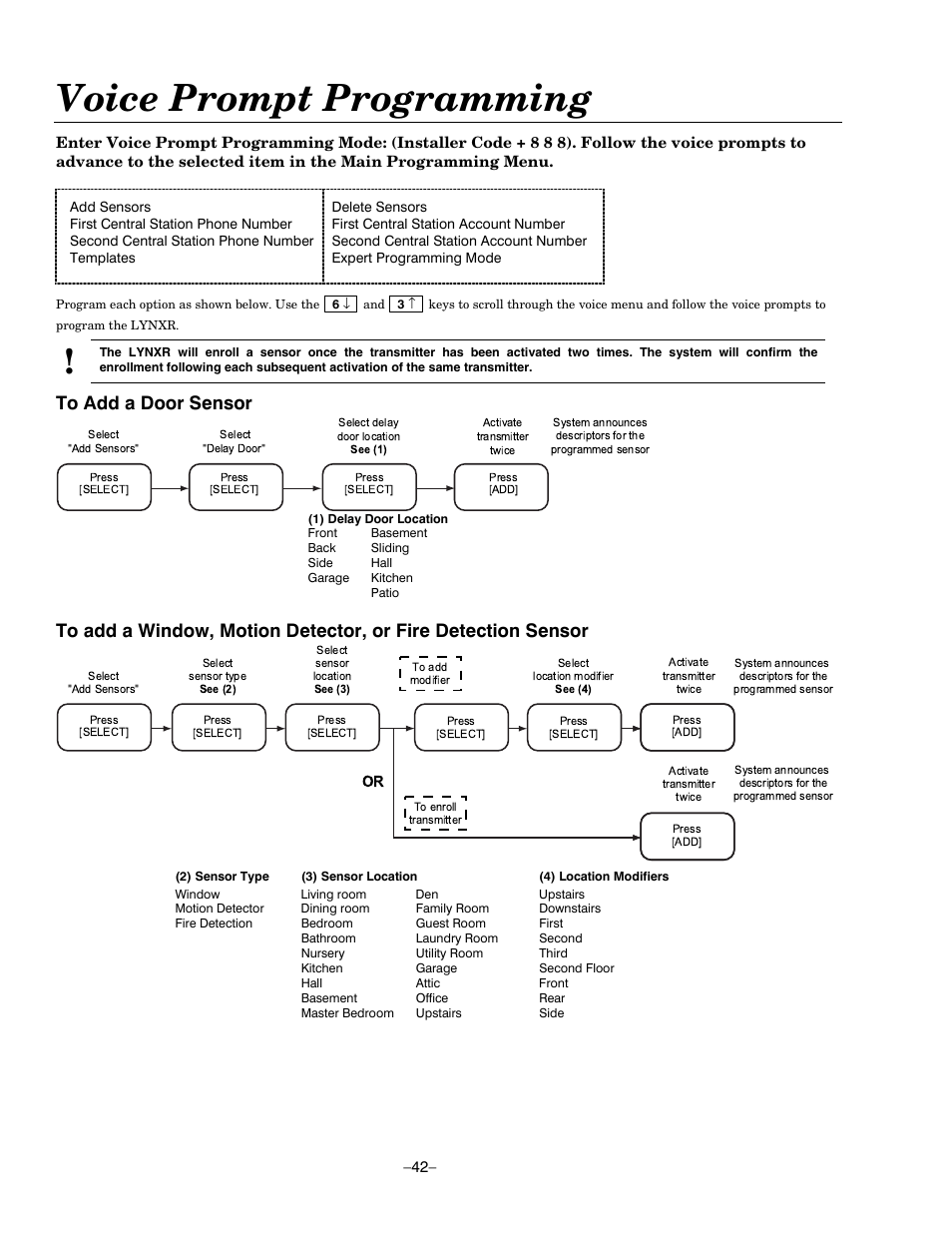 Voice prompt programming | Honeywell ADEMCO LYNXR-EN User Manual | Page 42 / 72