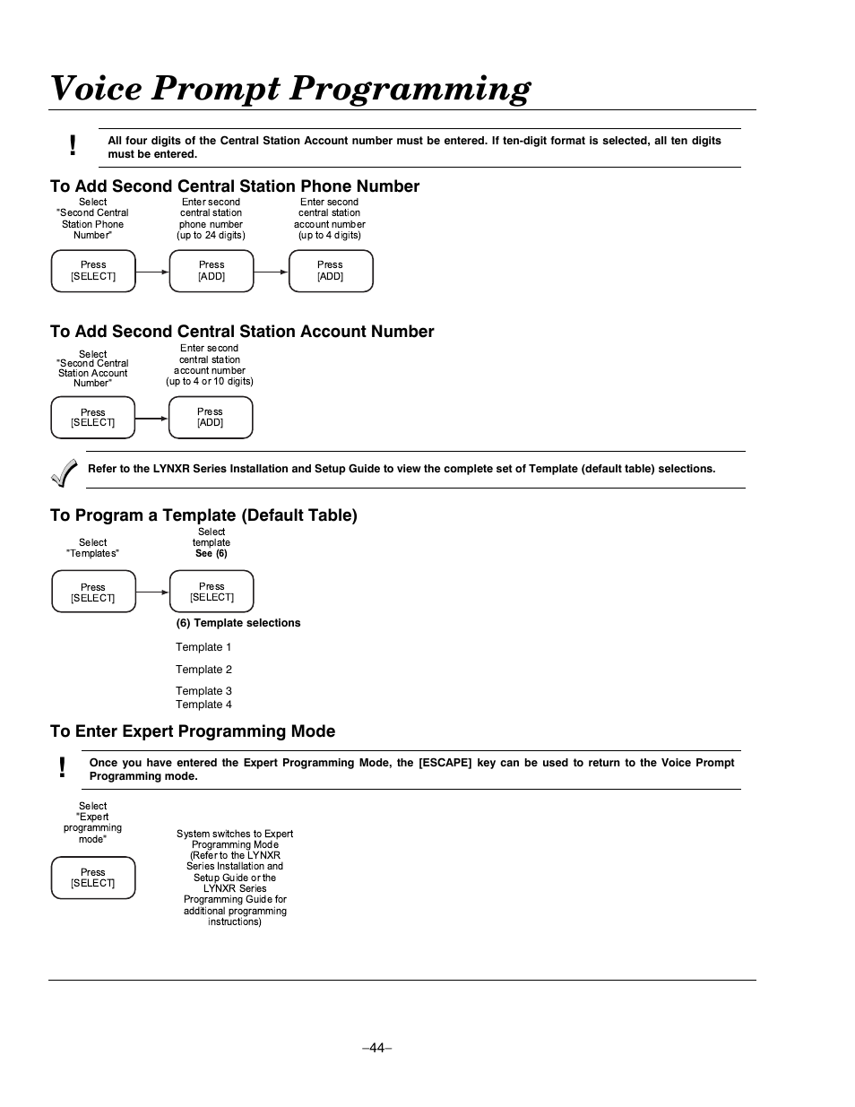Voice prompt programming | Honeywell ADEMCO LYNXR-EN User Manual | Page 44 / 72