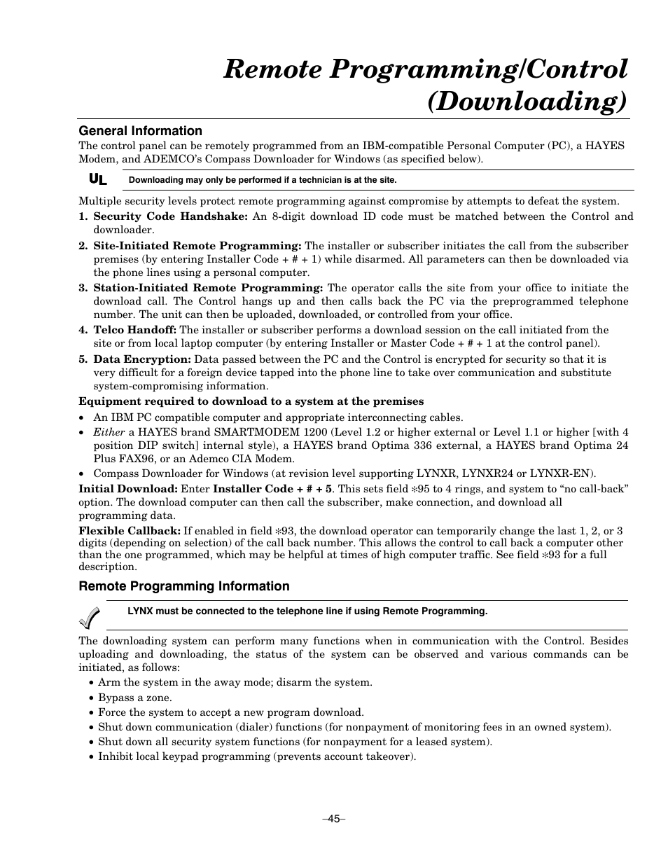 Remote programming/control (downloading) | Honeywell ADEMCO LYNXR-EN User Manual | Page 45 / 72