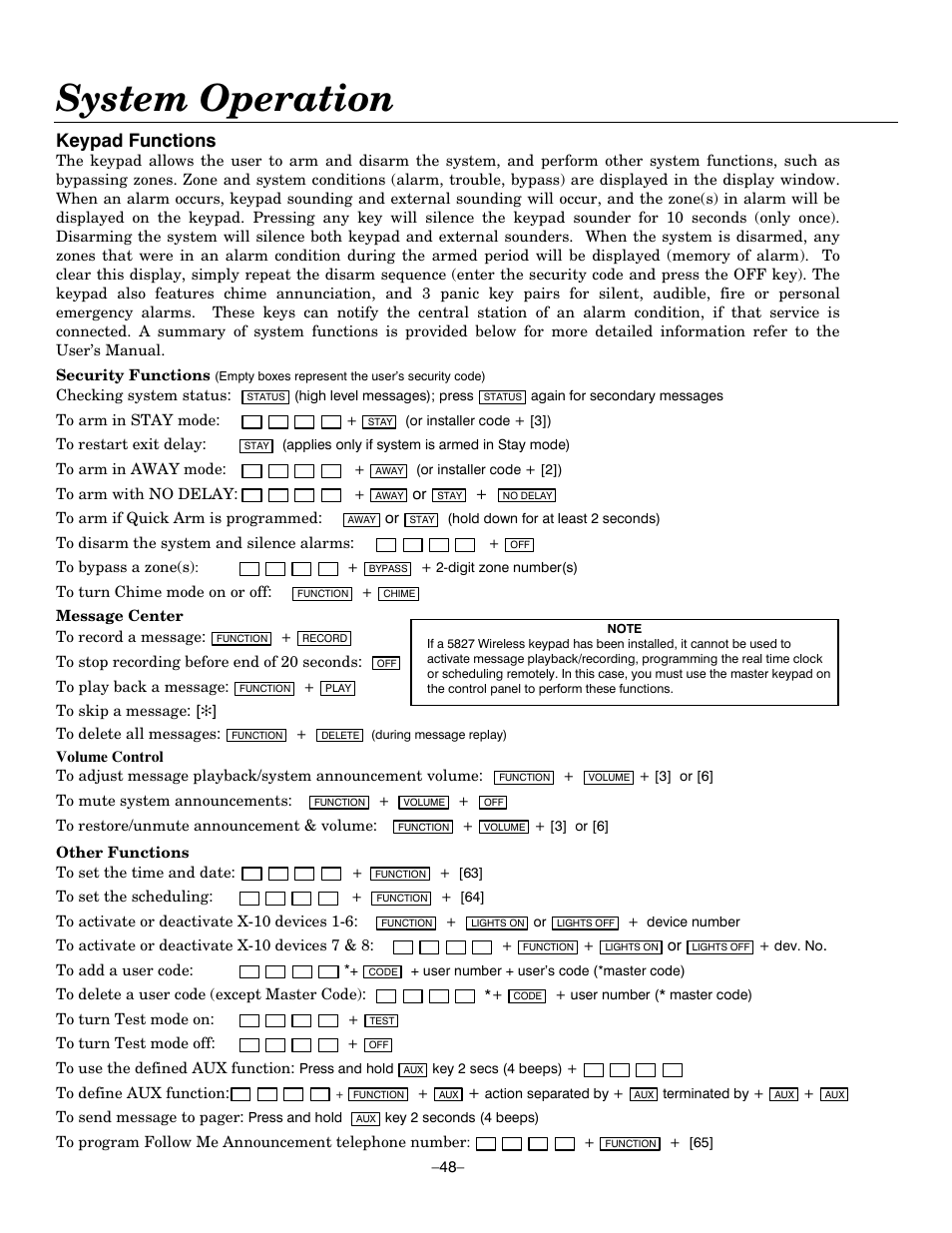 System operation, Keypad functions | Honeywell ADEMCO LYNXR-EN User Manual | Page 48 / 72
