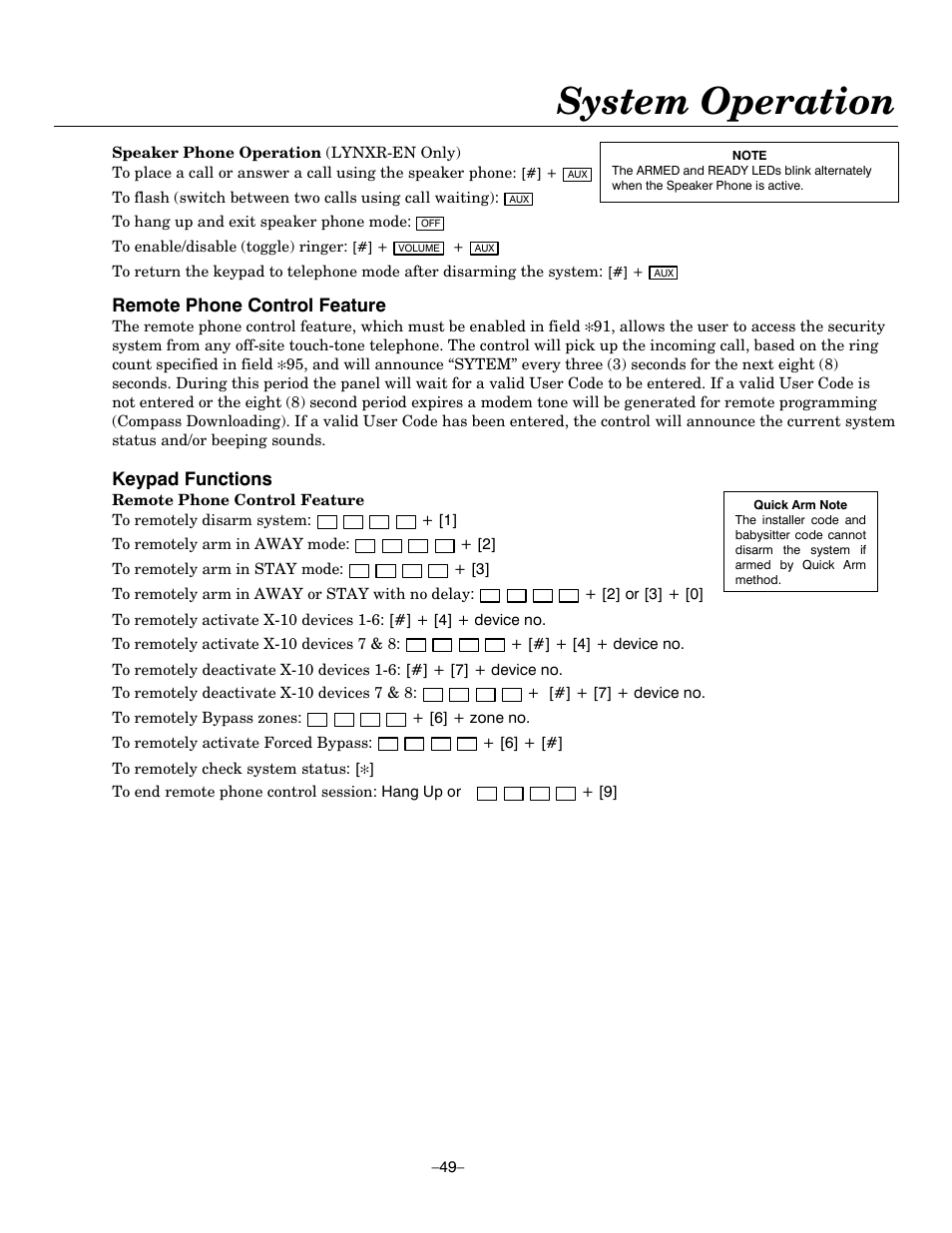 System operation, Remote phone control feature, Keypad functions | Honeywell ADEMCO LYNXR-EN User Manual | Page 49 / 72