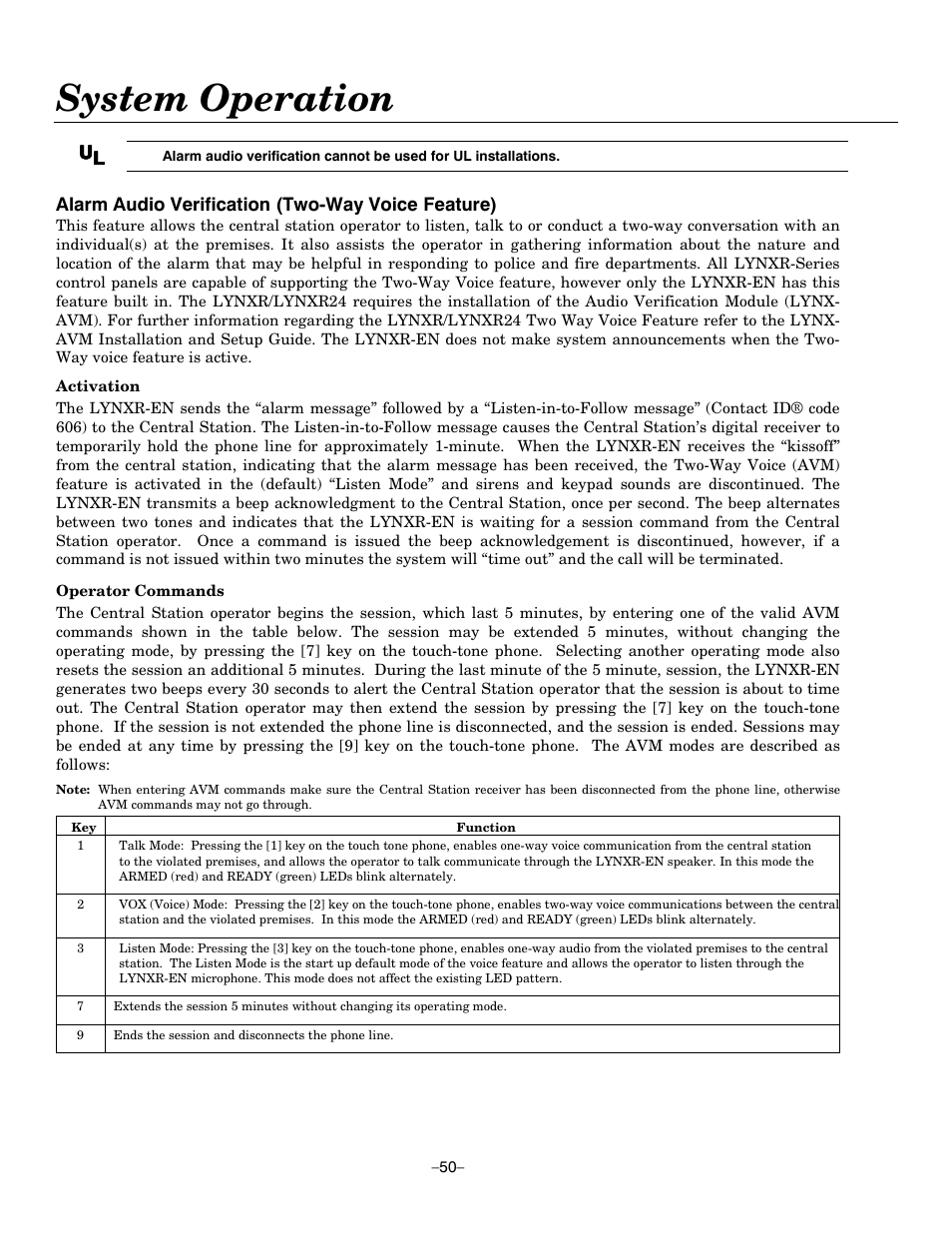 System operation, Alarm audio verification (two-way voice feature) | Honeywell ADEMCO LYNXR-EN User Manual | Page 50 / 72