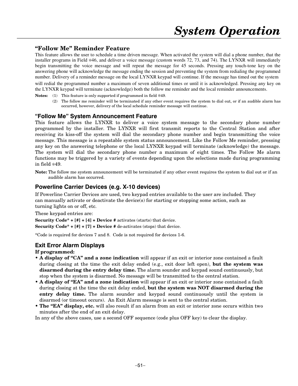 System operation, Follow me” reminder feature, Follow me” system announcement feature | Powerline carrier devices (e.g. x-10 devices), Exit error alarm displays | Honeywell ADEMCO LYNXR-EN User Manual | Page 51 / 72