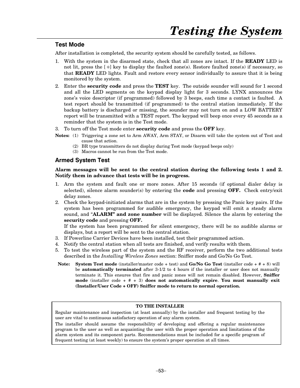 Testing the system | Honeywell ADEMCO LYNXR-EN User Manual | Page 53 / 72