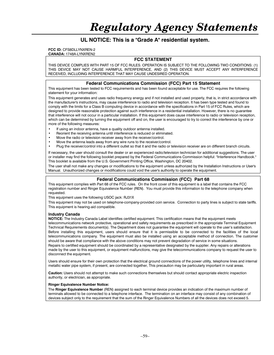 Regulatory agency statements, Ul notice: this is a "grade a" residential system | Honeywell ADEMCO LYNXR-EN User Manual | Page 59 / 72