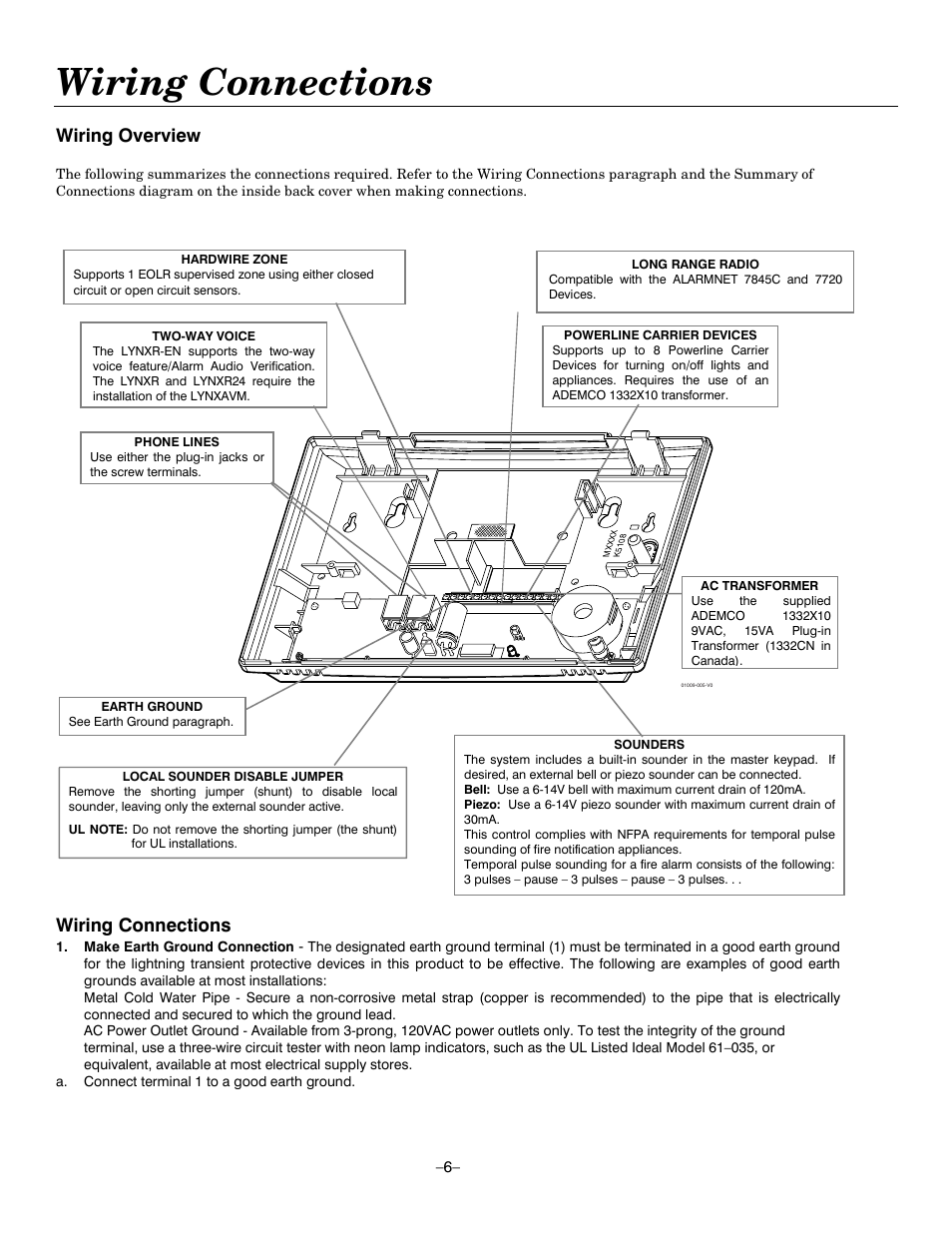 Wiring connections, Wiring overview | Honeywell ADEMCO LYNXR-EN User Manual | Page 6 / 72