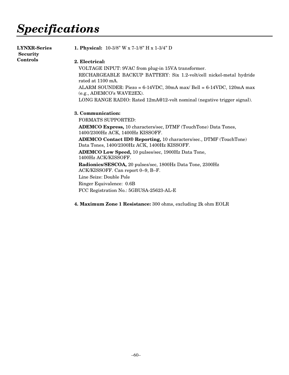 Specifications | Honeywell ADEMCO LYNXR-EN User Manual | Page 60 / 72
