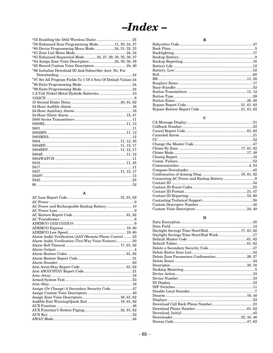 Index | Honeywell ADEMCO LYNXR-EN User Manual | Page 65 / 72