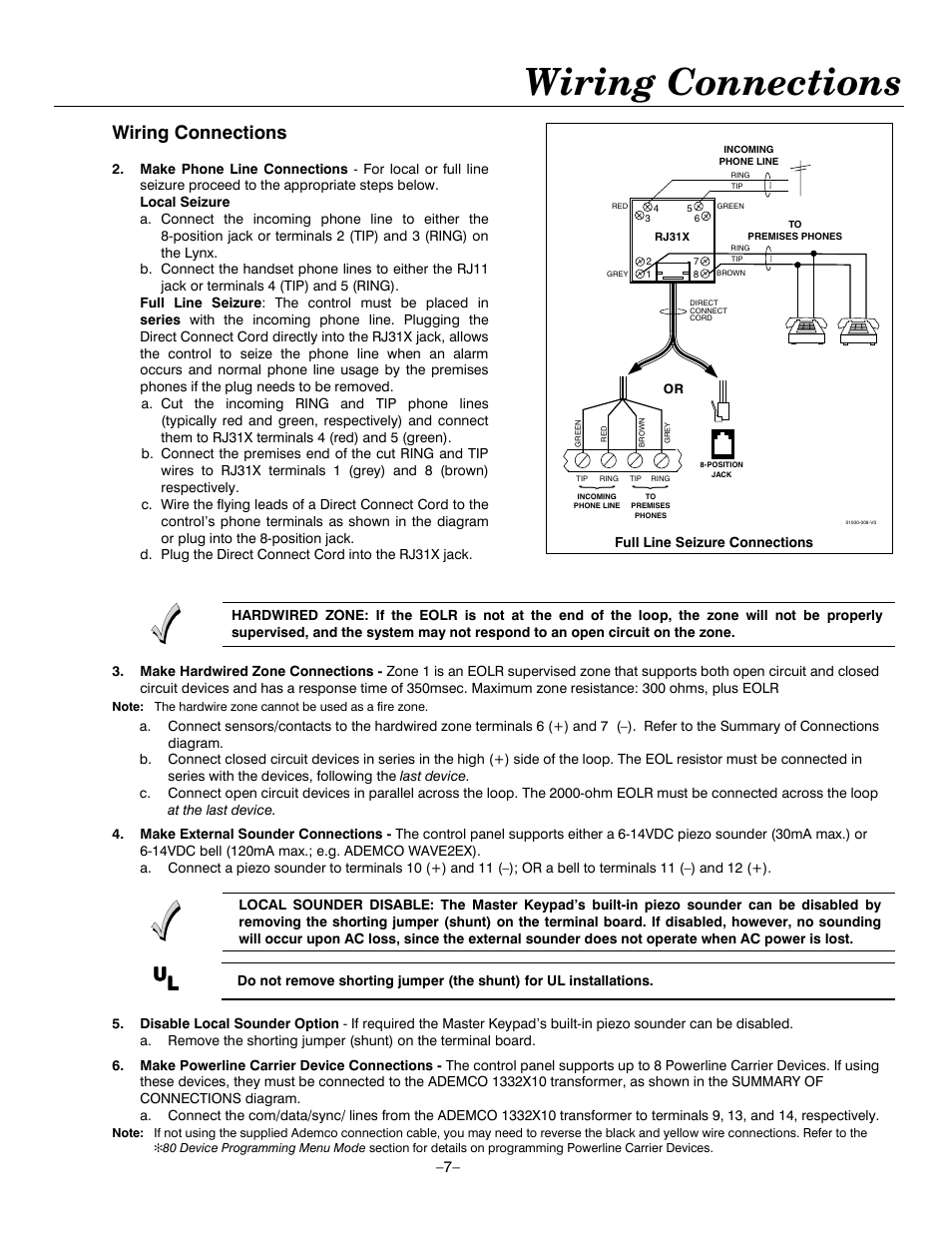 Wiring connections | Honeywell ADEMCO LYNXR-EN User Manual | Page 7 / 72