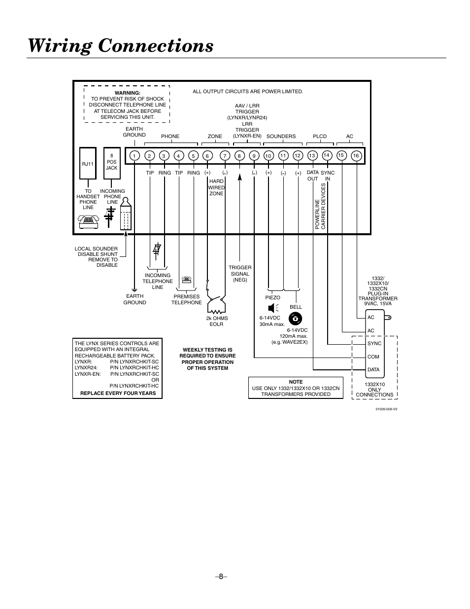 Wiring connections | Honeywell ADEMCO LYNXR-EN User Manual | Page 8 / 72