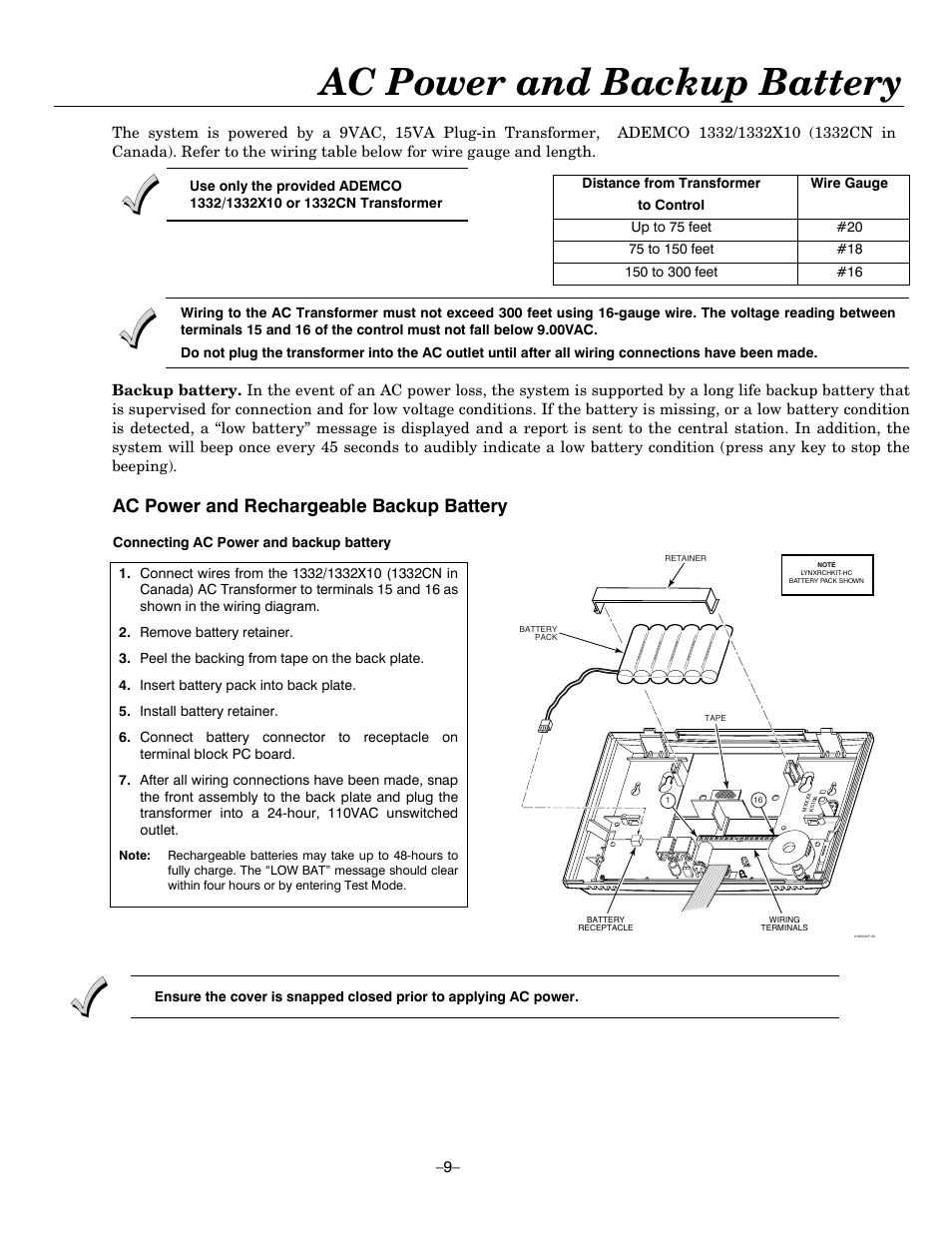 Ac power and backup battery, Ac power and rechargeable backup battery | Honeywell ADEMCO LYNXR-EN User Manual | Page 9 / 72