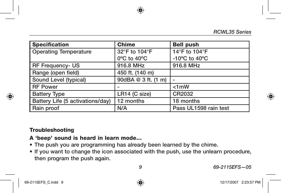 Honeywell RCWL35N User Manual | Page 11 / 48