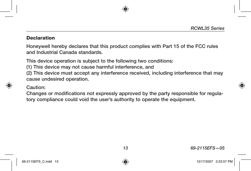 Honeywell RCWL35N User Manual | Page 15 / 48