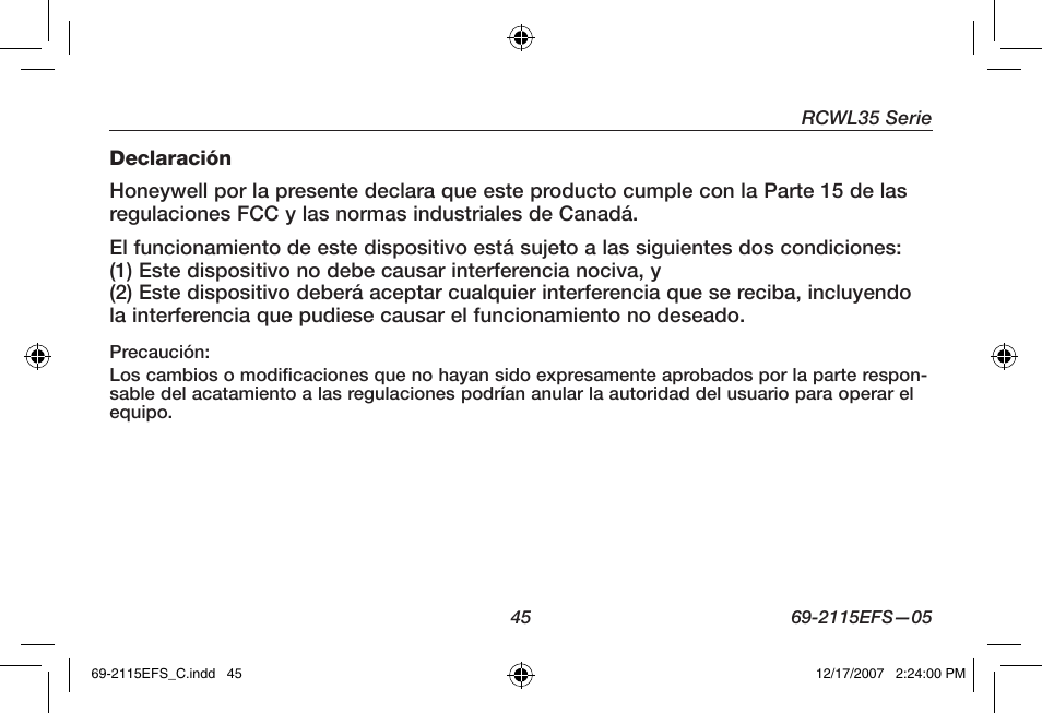 Honeywell RCWL35N User Manual | Page 47 / 48