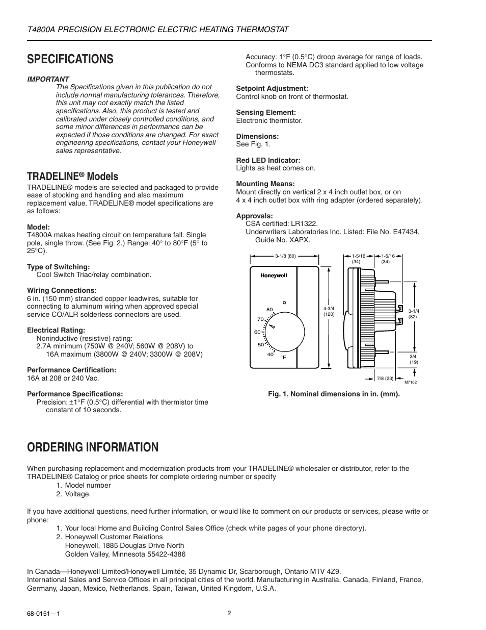 Specifications, Ordering information, Tradeline | Models | Honeywell T4800A User Manual | Page 2 / 4