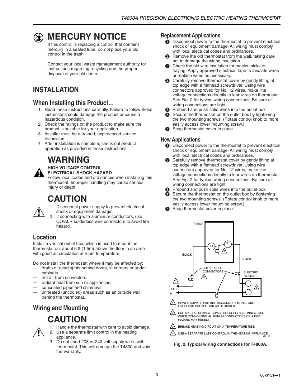 Mercury notice, Warning, Caution | Installation, When installing this product, Location, Wiring and mounting, Replacement applications, New applications | Honeywell T4800A User Manual | Page 3 / 4