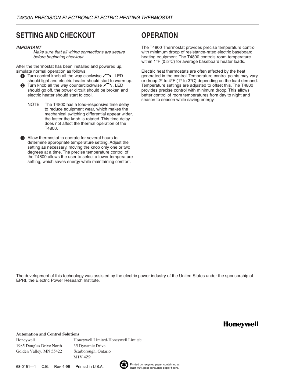 Setting and checkout, Operation | Honeywell T4800A User Manual | Page 4 / 4