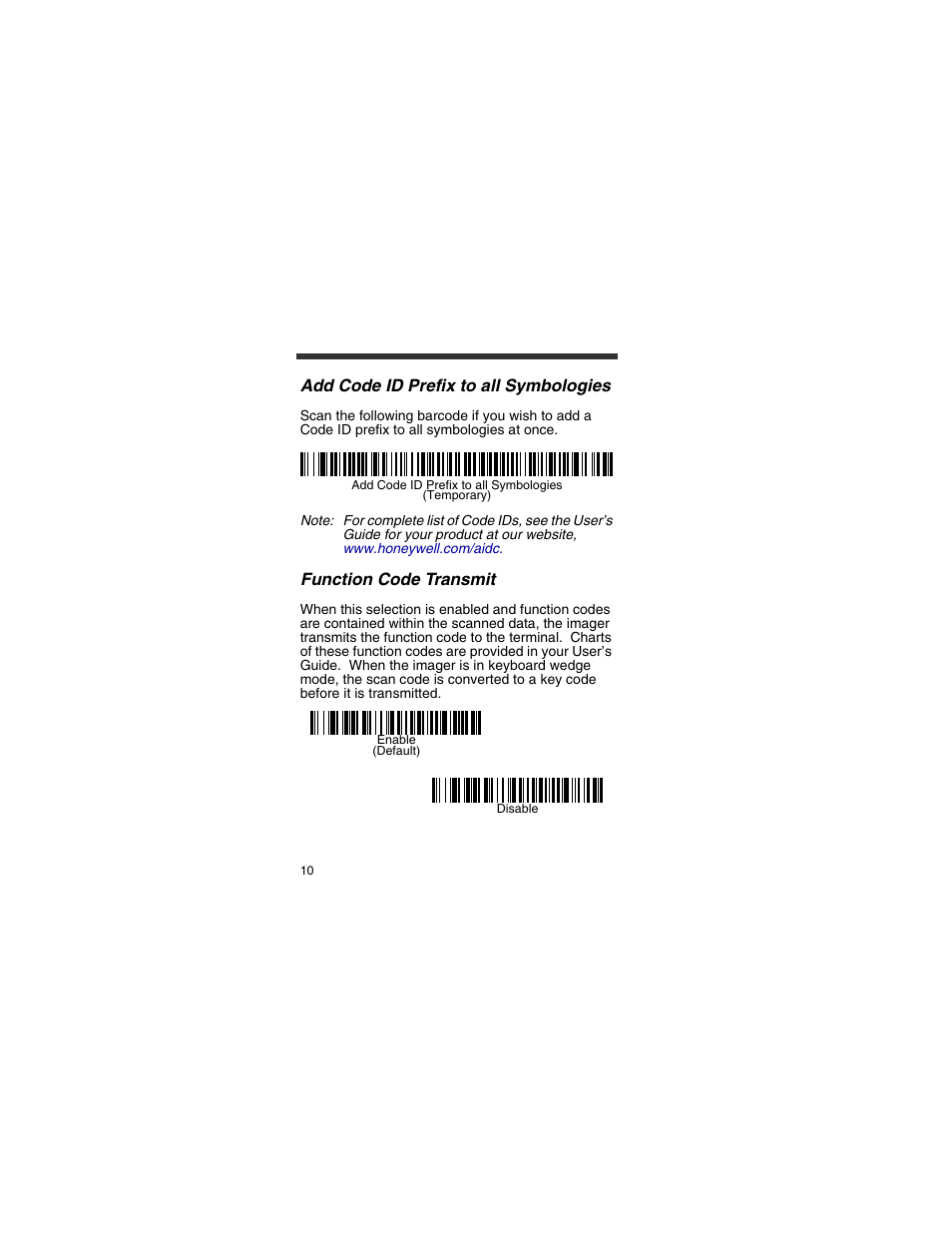 Add code id prefix to all symbologies, Function code transmit | Honeywell 4820 User Manual | Page 11 / 22