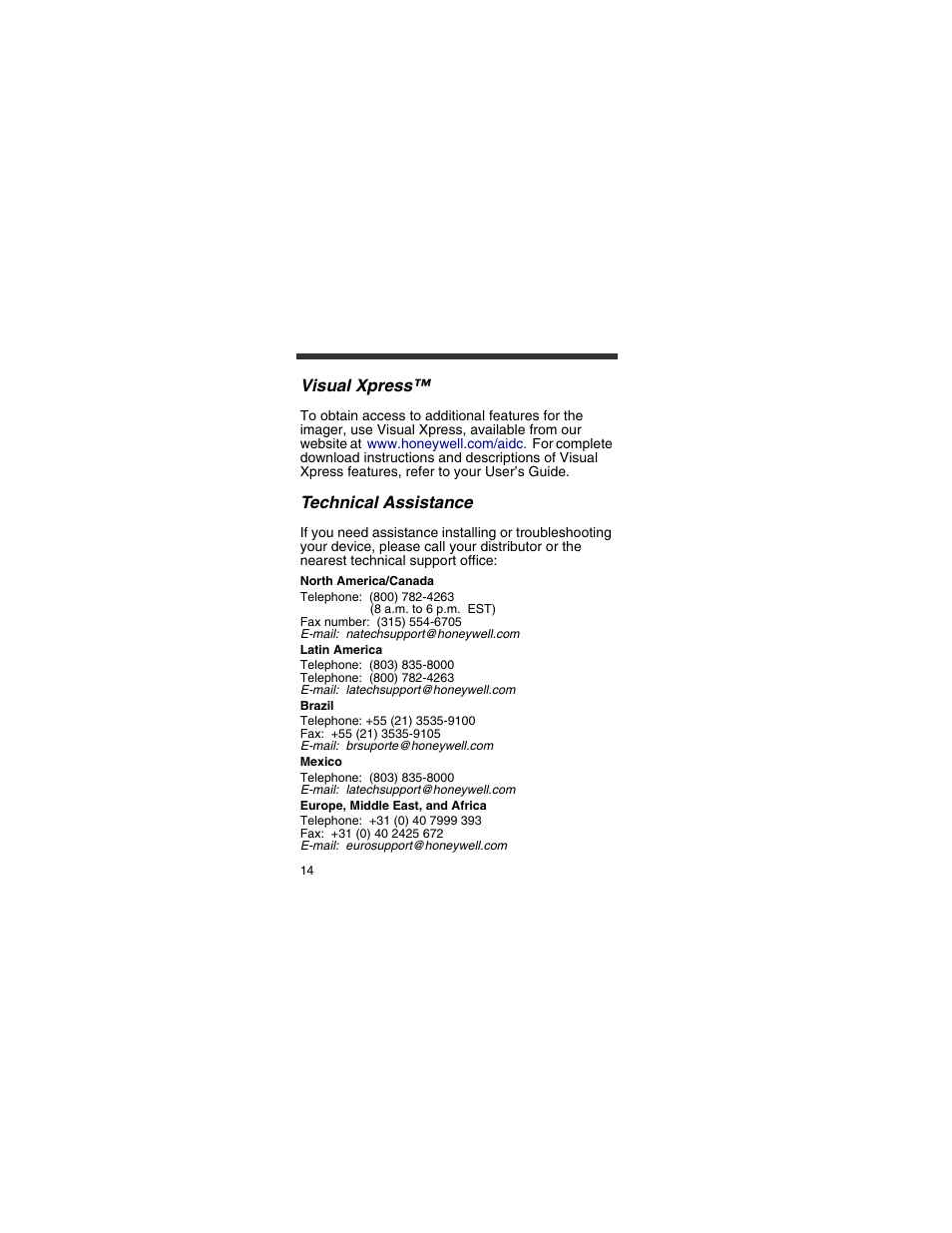 Visual xpress, Technical assistance | Honeywell 4820 User Manual | Page 15 / 22