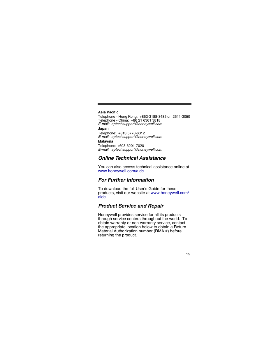 Online technical assistance, For further information, Product service and repair | Honeywell 4820 User Manual | Page 16 / 22