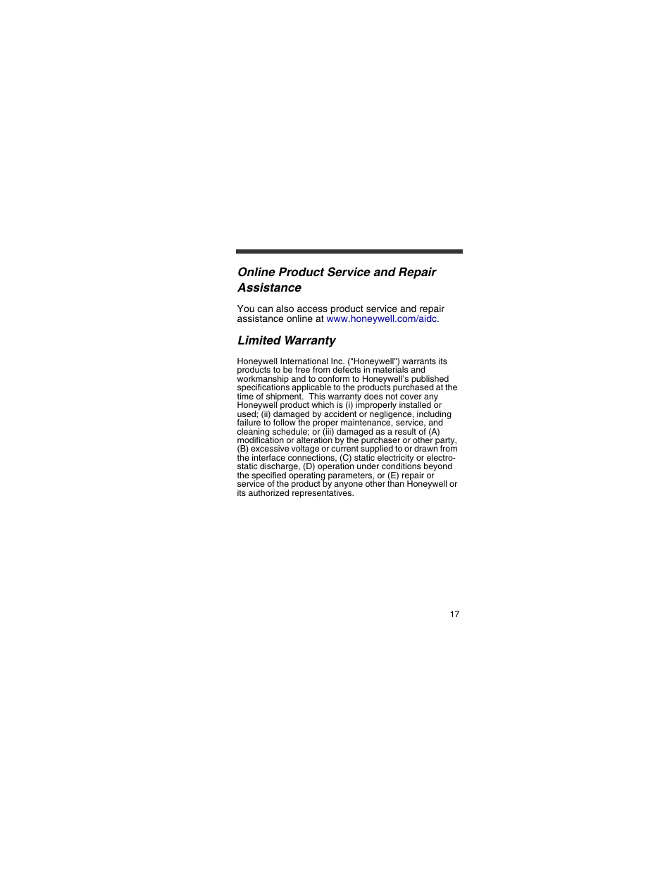 Online product service and repair assistance, Limited warranty | Honeywell 4820 User Manual | Page 18 / 22