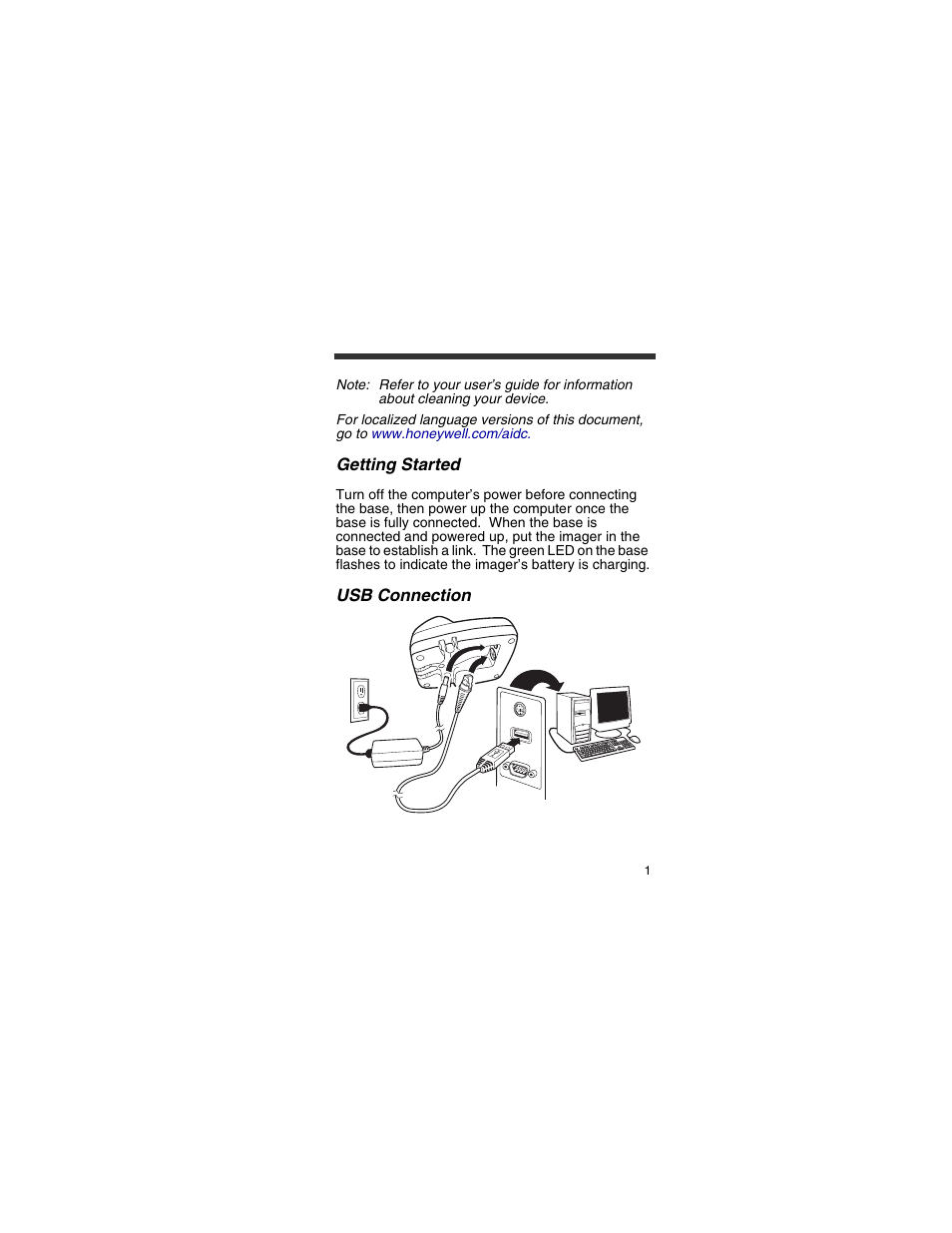 Getting started, Usb connection | Honeywell 4820 User Manual | Page 2 / 22