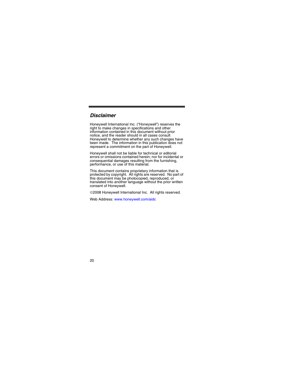 Disclaimer | Honeywell 4820 User Manual | Page 21 / 22
