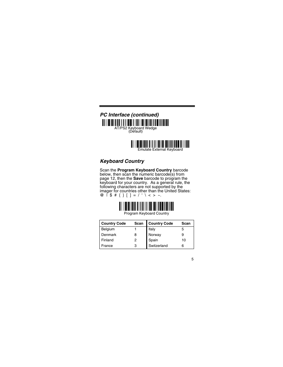 Pc interface (continued), Keyboard country, Pc interface (continued) keyboard country | Honeywell 4820 User Manual | Page 6 / 22