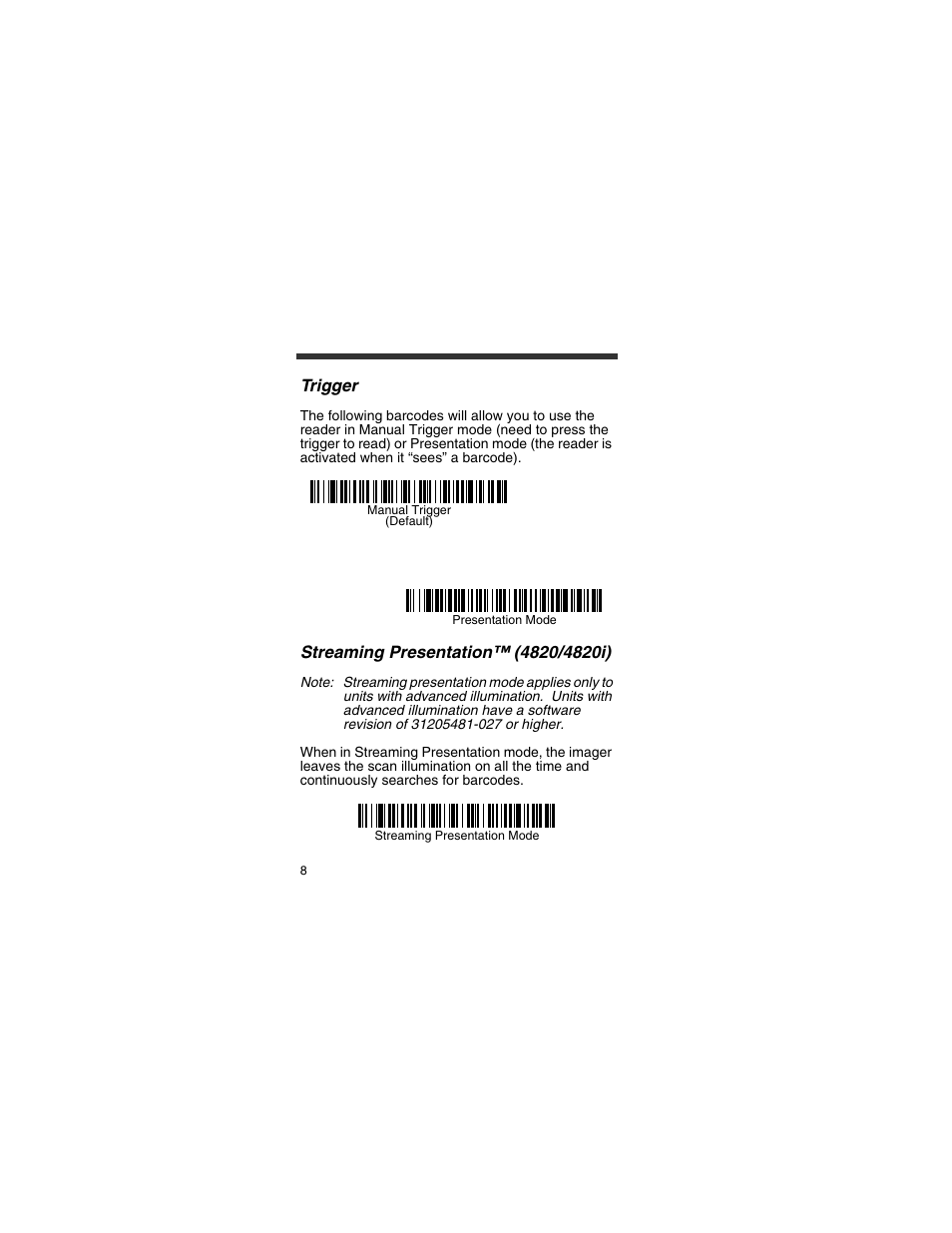 Trigger, Streaming presentation™ (4820/4820i) | Honeywell 4820 User Manual | Page 9 / 22