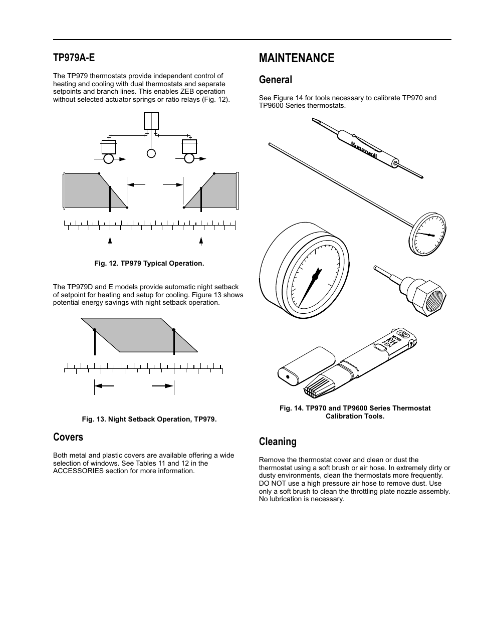 Maintenance, General, Cleaning | Maintenance general cleaning calibration, Tp979a-e, Covers | Honeywell TP9600 User Manual | Page 11 / 24