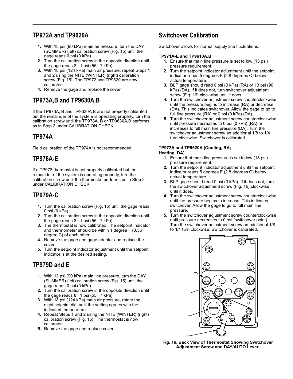 Troubleshooting, Tp974a, Tp978a-e | Tp979a-c, Tp979d and e, Switchover calibration | Honeywell TP9600 User Manual | Page 13 / 24