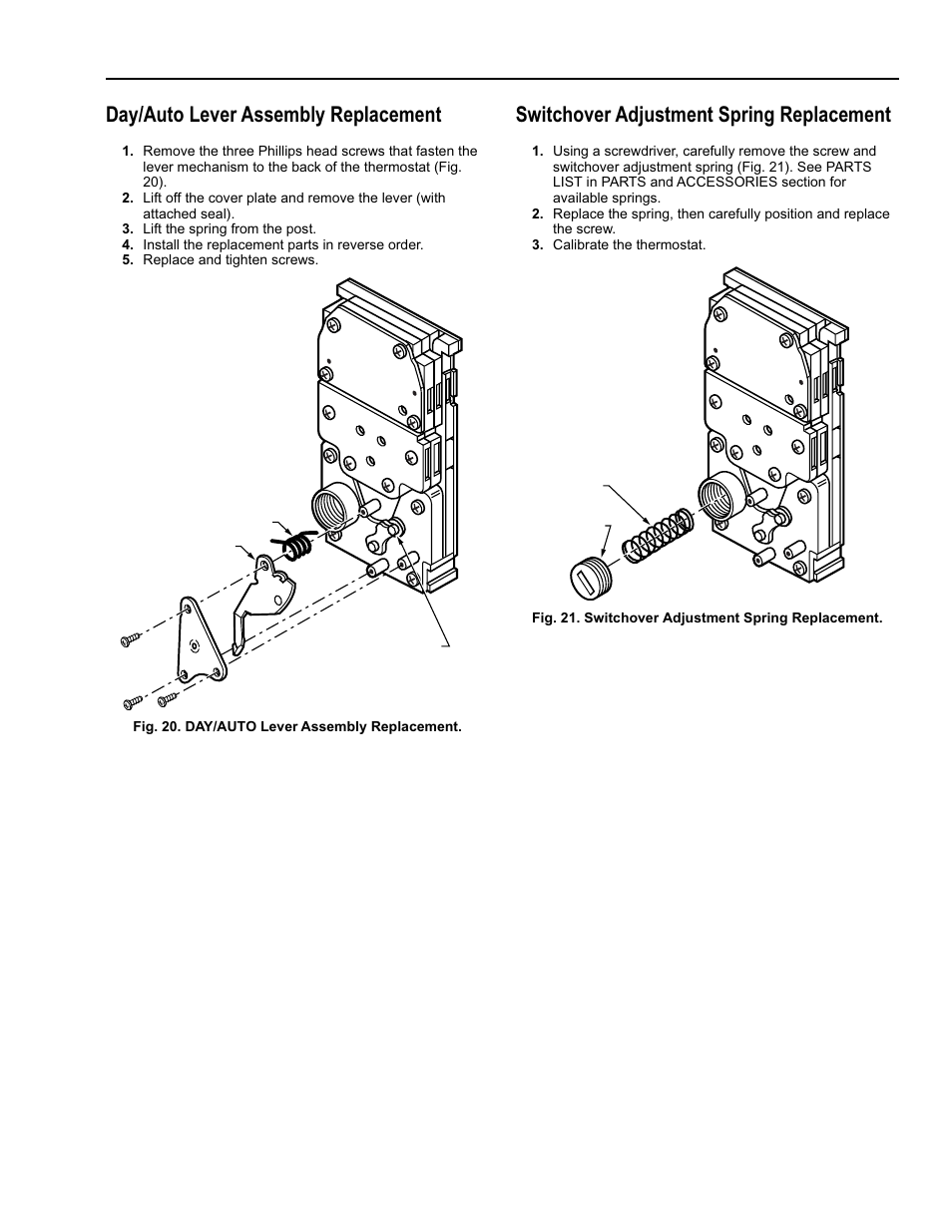 Parts and accessories, Day/auto lever assembly replacement, Switchover adjustment spring replacement | Honeywell TP9600 User Manual | Page 17 / 24
